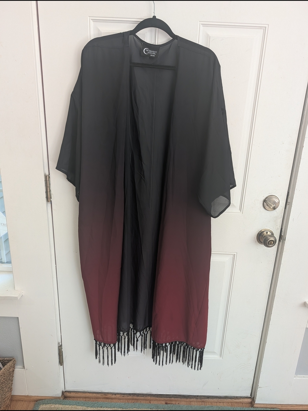 Midnight Hour Black to Burgundy Ombre Fringe Kimono Coverup - Picture 2 of 6